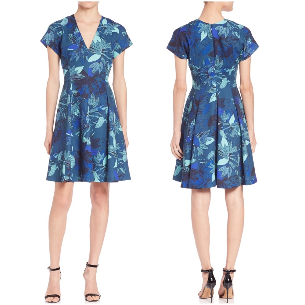 Rebecca Taylor Blue Green Tahitian Tropical Flower V-neck A-line Dress Size 6